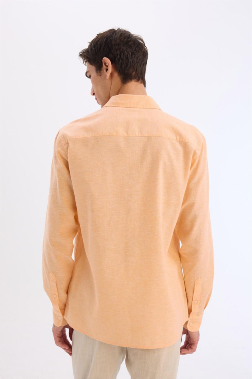 Erkek Somon Regular Fit Polo Yaka Keten Karışımlı Yazlık Uzun Kollu Gömlek