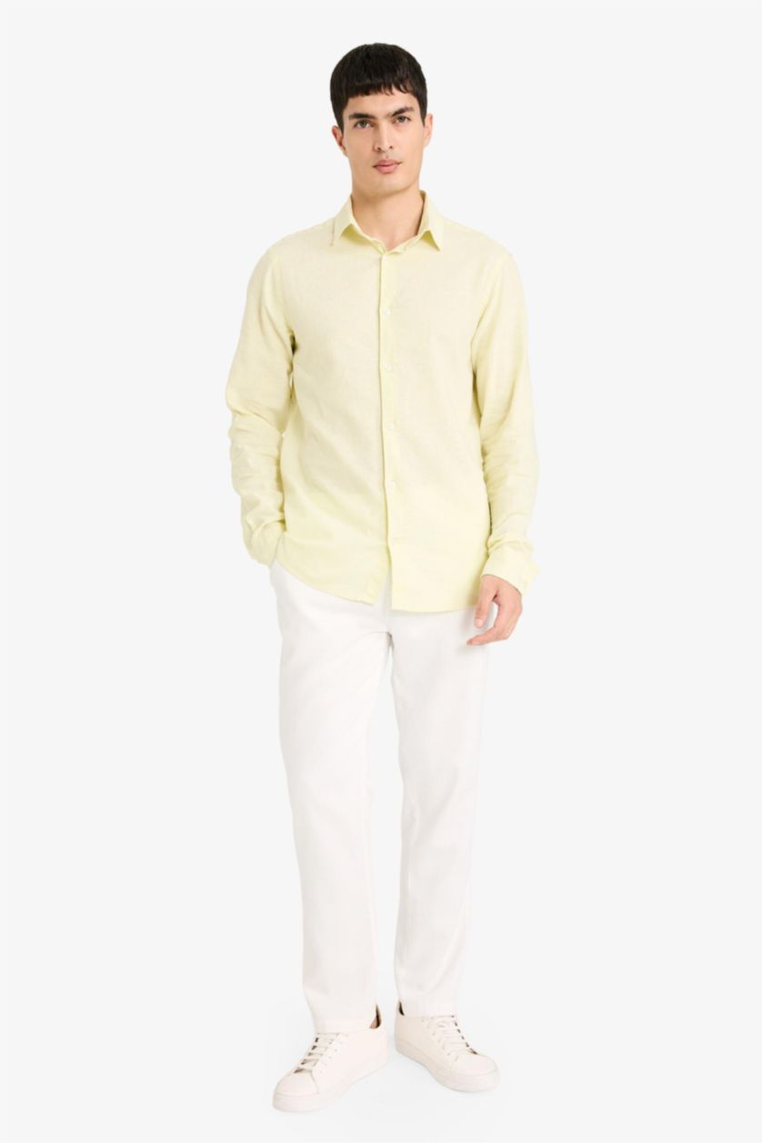 MAN Light Yellow Regular Fit Polo Neck Linen Blend Summer Shirt
