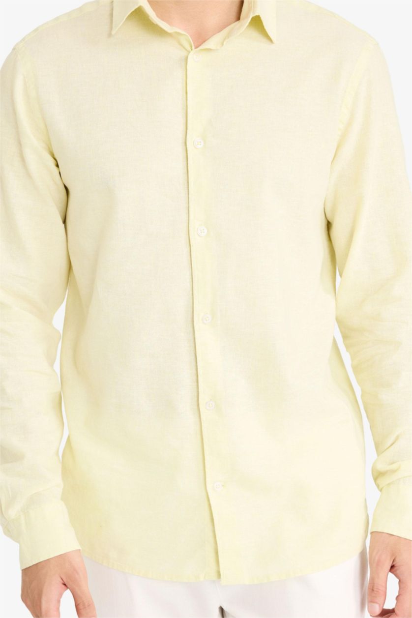 MAN Light Yellow Regular Fit Polo Neck Linen Blend Summer Shirt