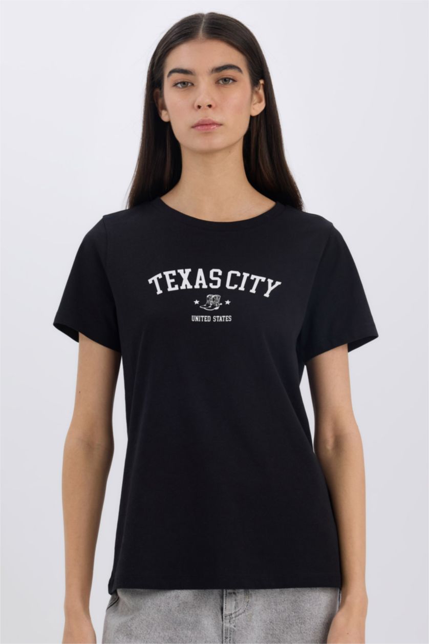 Kadın Siyah Regular Fit Bisiklet Yaka Baskılı Penye Kısa Kollu Tişört