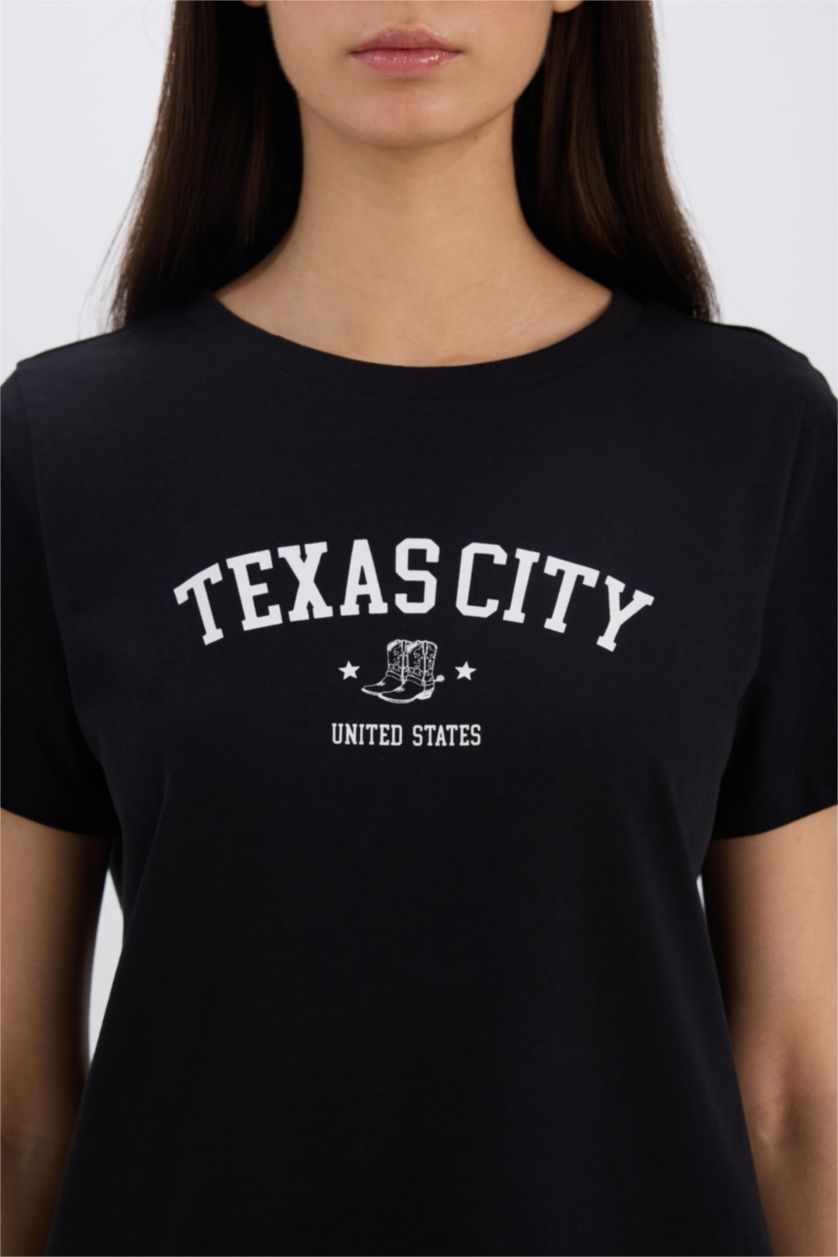 Kadın Siyah Regular Fit Bisiklet Yaka Baskılı Penye Kısa Kollu Tişört