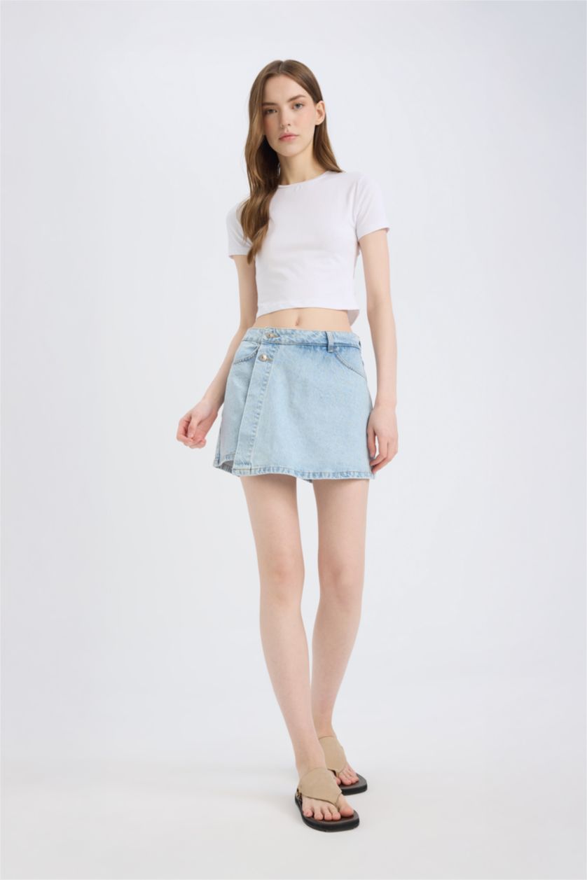 Kadın Açık Mavi Yüksek Bel Jean Şort Etek
