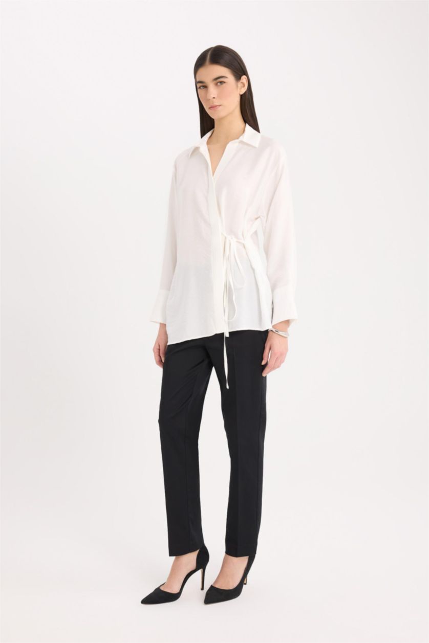 Kadın Ekru Oversize Geniş Kalıp Bağlamalı Uzun Kollu Gömlek