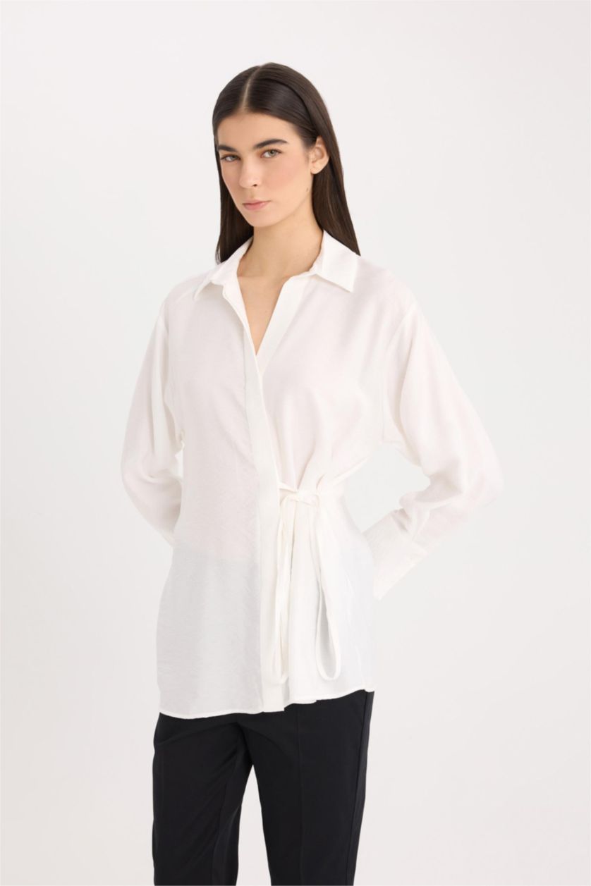 Kadın Ekru Oversize Geniş Kalıp Bağlamalı Uzun Kollu Gömlek