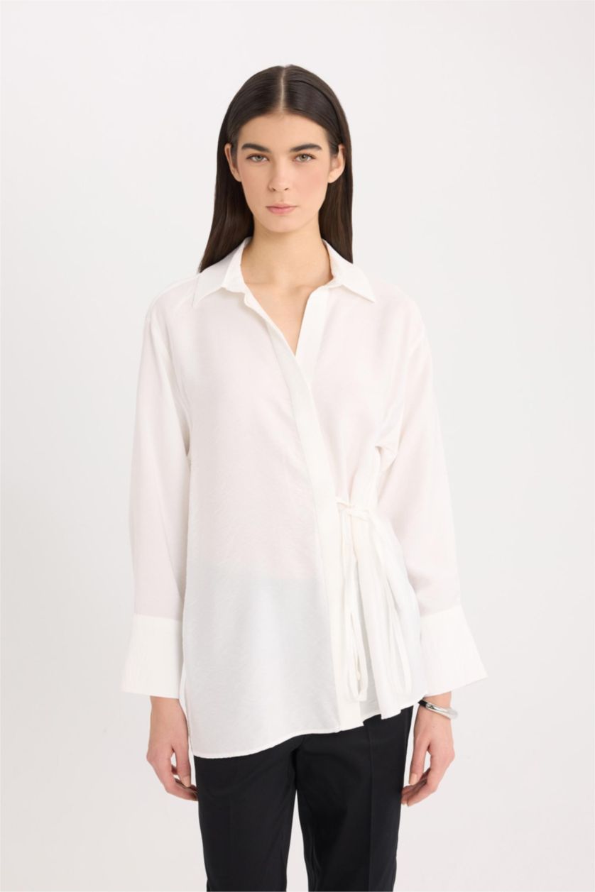 Kadın Ekru Oversize Geniş Kalıp Bağlamalı Uzun Kollu Gömlek