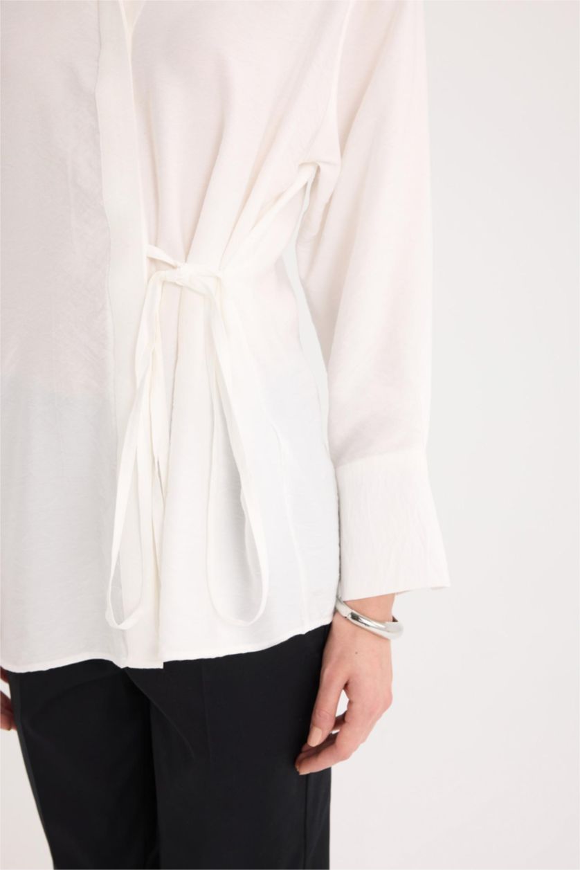 Kadın Ekru Oversize Geniş Kalıp Bağlamalı Uzun Kollu Gömlek