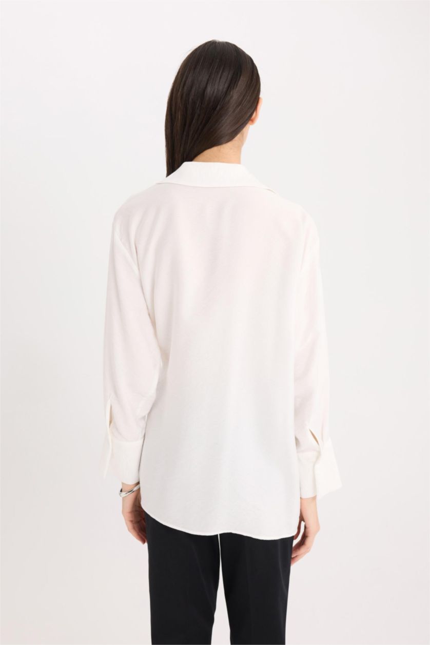 Kadın Ekru Oversize Geniş Kalıp Bağlamalı Uzun Kollu Gömlek