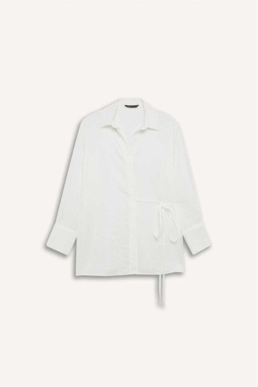 Kadın Ekru Oversize Geniş Kalıp Bağlamalı Uzun Kollu Gömlek