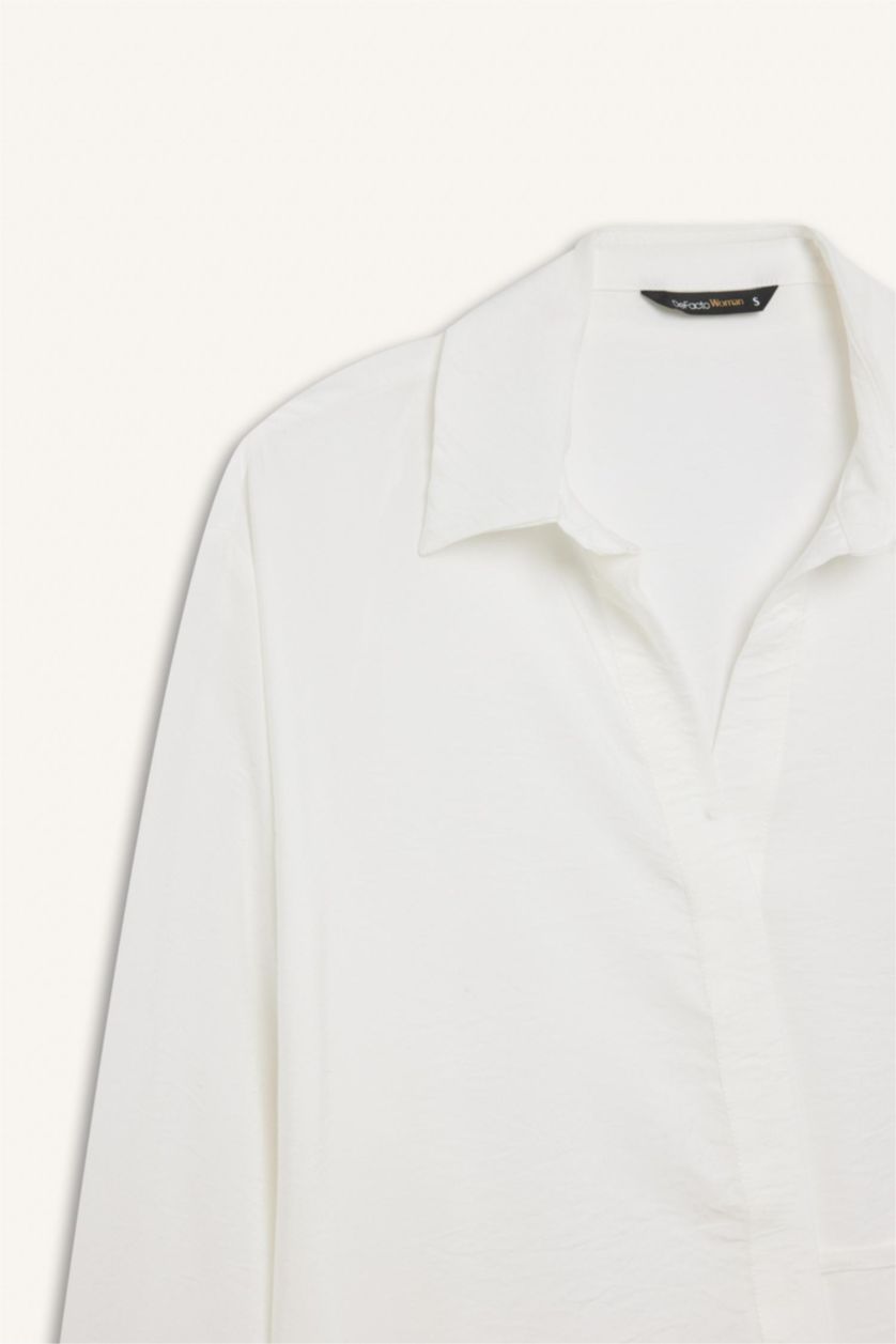 Kadın Ekru Oversize Geniş Kalıp Bağlamalı Uzun Kollu Gömlek