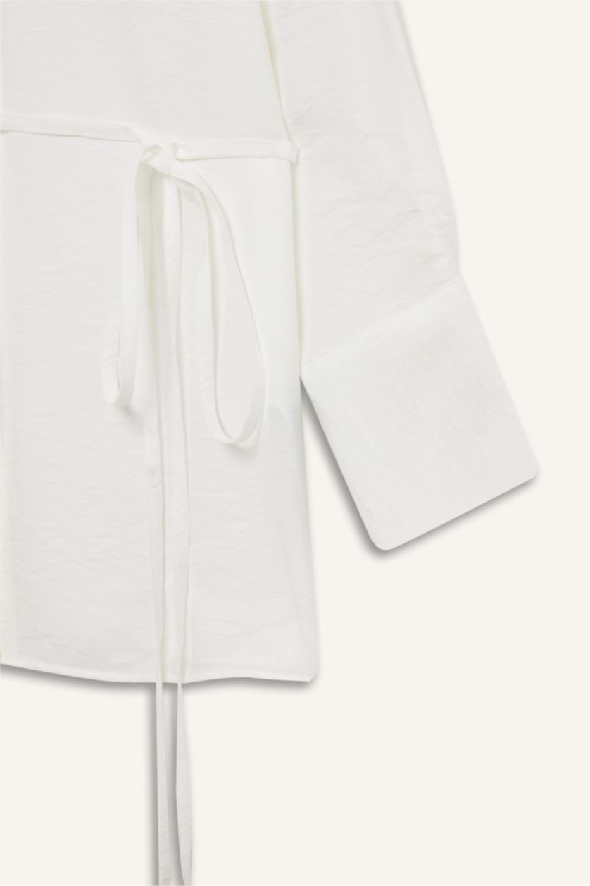 Kadın Ekru Oversize Geniş Kalıp Bağlamalı Uzun Kollu Gömlek