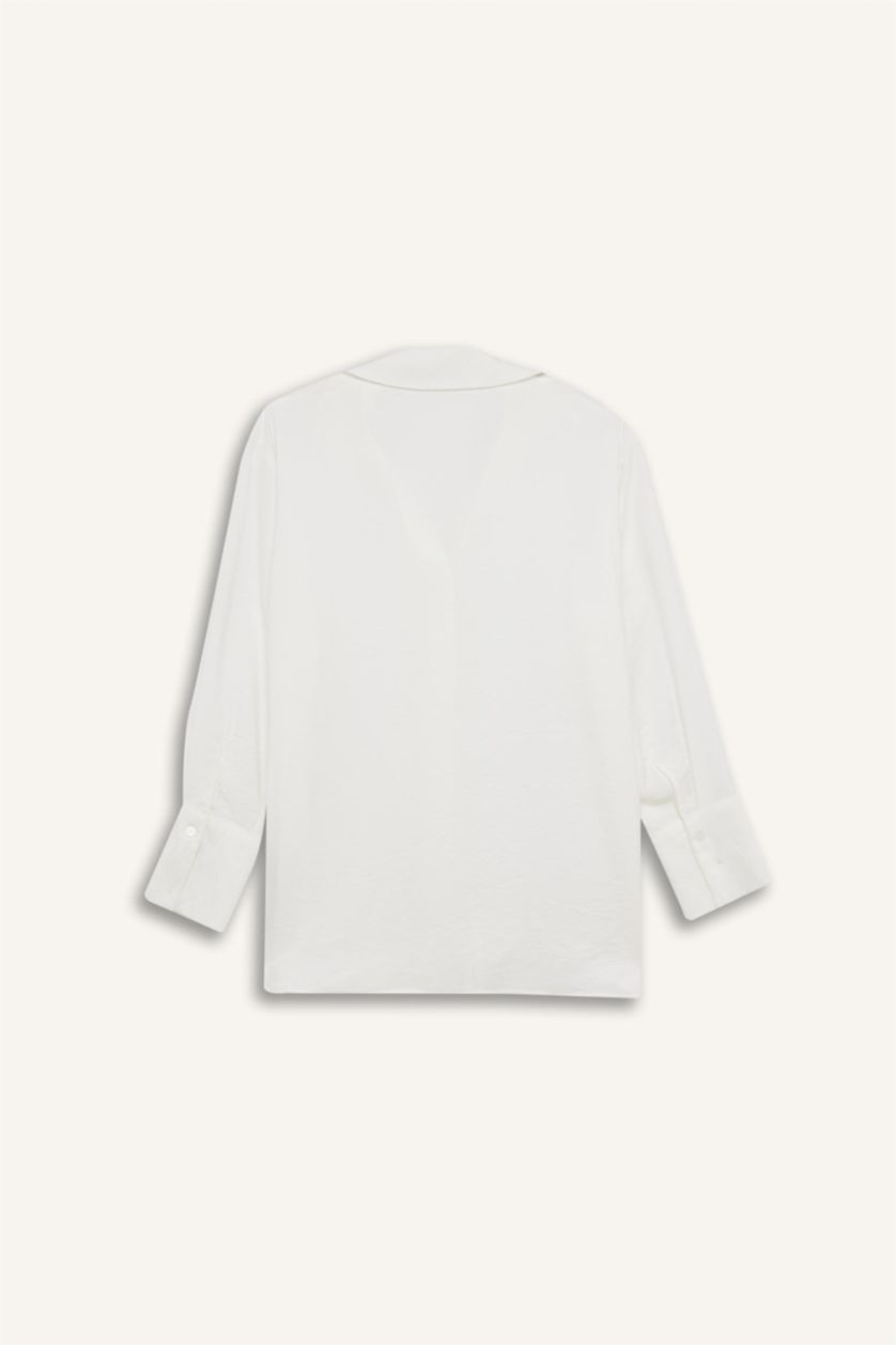 Kadın Ekru Oversize Geniş Kalıp Bağlamalı Uzun Kollu Gömlek