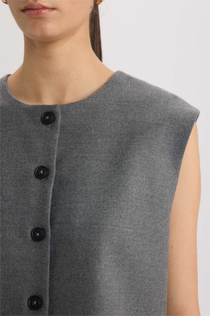 Kadın Antrasit Bisiklet Yaka Basic Düz Düğmeli Blazer Yelek