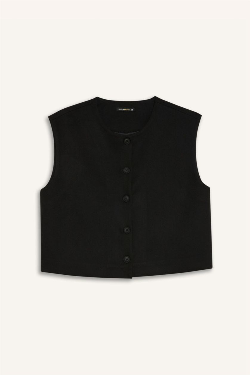 FEMME Noir Gilet basique à col ras du cou et à boutons plats