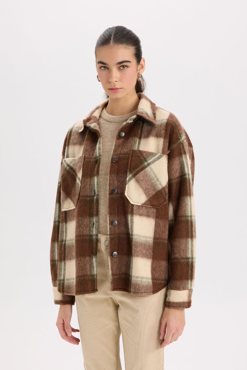 Kadın Kahve Oversize Geniş Kalıp Kareli Flanel Uzun Kollu Gömlek