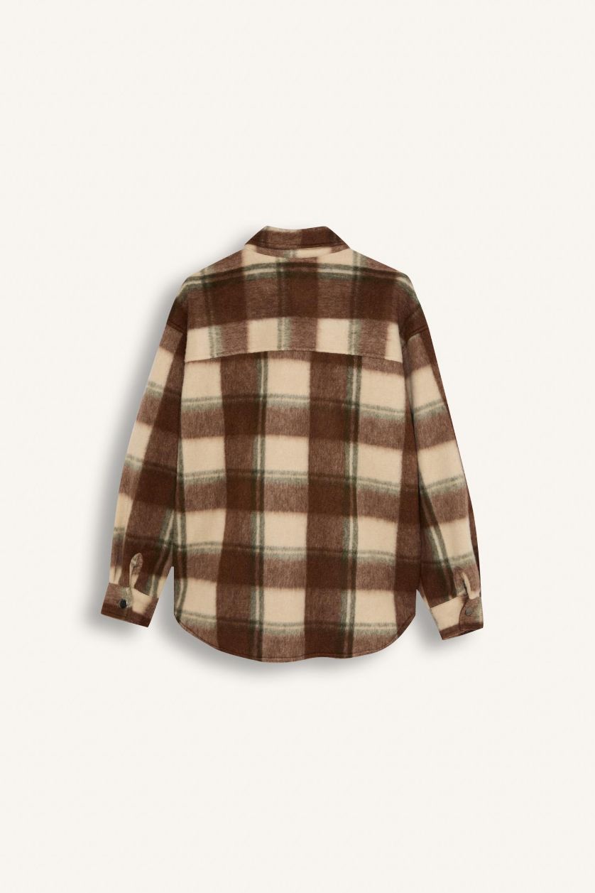 Kadın Kahve Oversize Geniş Kalıp Kareli Flanel Uzun Kollu Gömlek