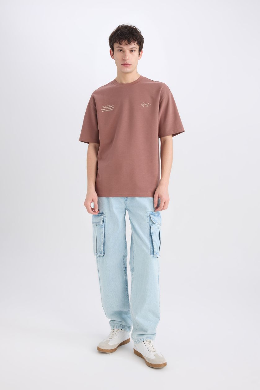 Erkek Açık Kahve Boxy Fit Bisiklet Yaka Ütü Gerektirmeyen Nefes Alabilen Baskılı Kısa Kollu Ağır Kumaş Tişört