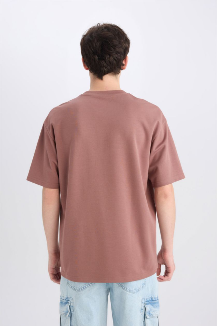 Erkek Açık Kahve Boxy Fit Bisiklet Yaka Ütü Gerektirmeyen Nefes Alabilen Baskılı Kısa Kollu Ağır Kumaş Tişört