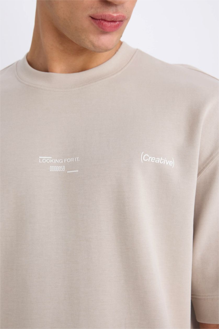 Erkek Kum Loose Fit Bisiklet Yaka Baskılı Kısa Kollu Ağır Kumaş Tişört