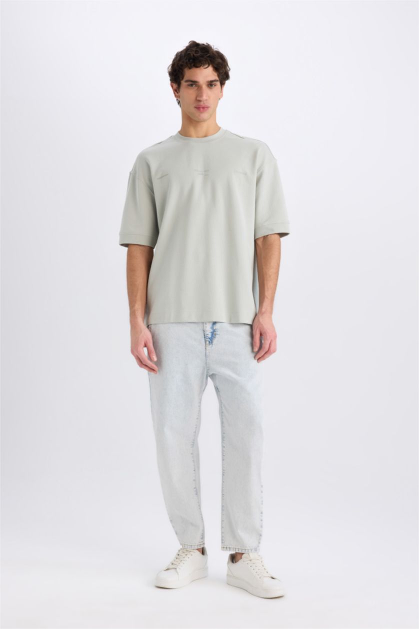 Erkek Mint Loose Fit Bisiklet Yaka Baskılı Kısa Kollu Ağır Kumaş Tişört