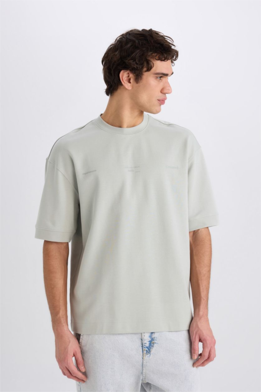 Erkek Mint Loose Fit Bisiklet Yaka Baskılı Kısa Kollu Ağır Kumaş Tişört