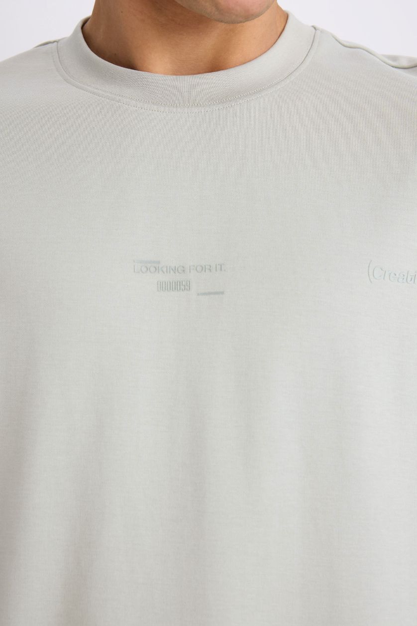 Erkek Mint Loose Fit Bisiklet Yaka Baskılı Kısa Kollu Ağır Kumaş Tişört