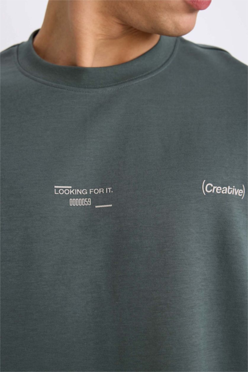 Erkek Koyu Petrol Loose Fit Bisiklet Yaka Baskılı Kısa Kollu Ağır Kumaş Tişört