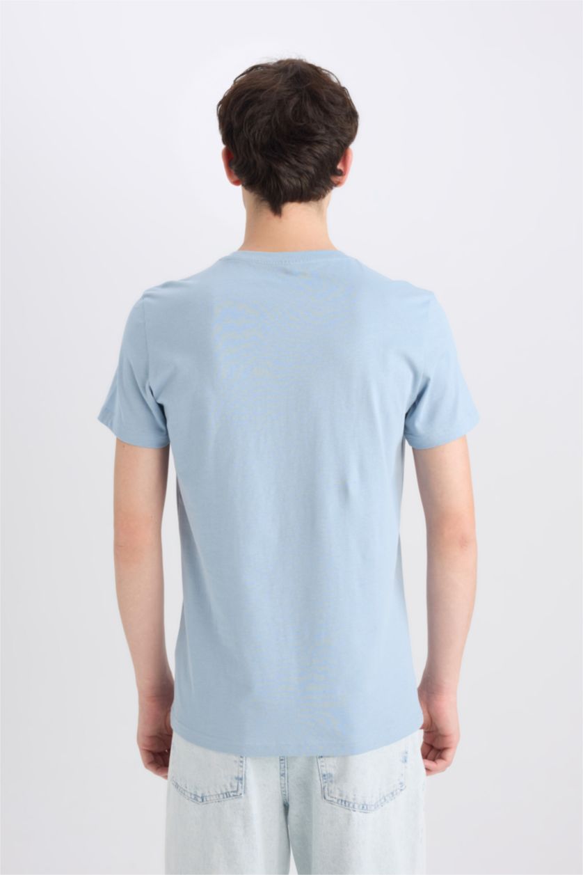 Erkek Açık Mavi %100 Pamuk Slim Fit Dar Kesim Bisiklet Yaka Baskılı Kısa Kollu Tişört