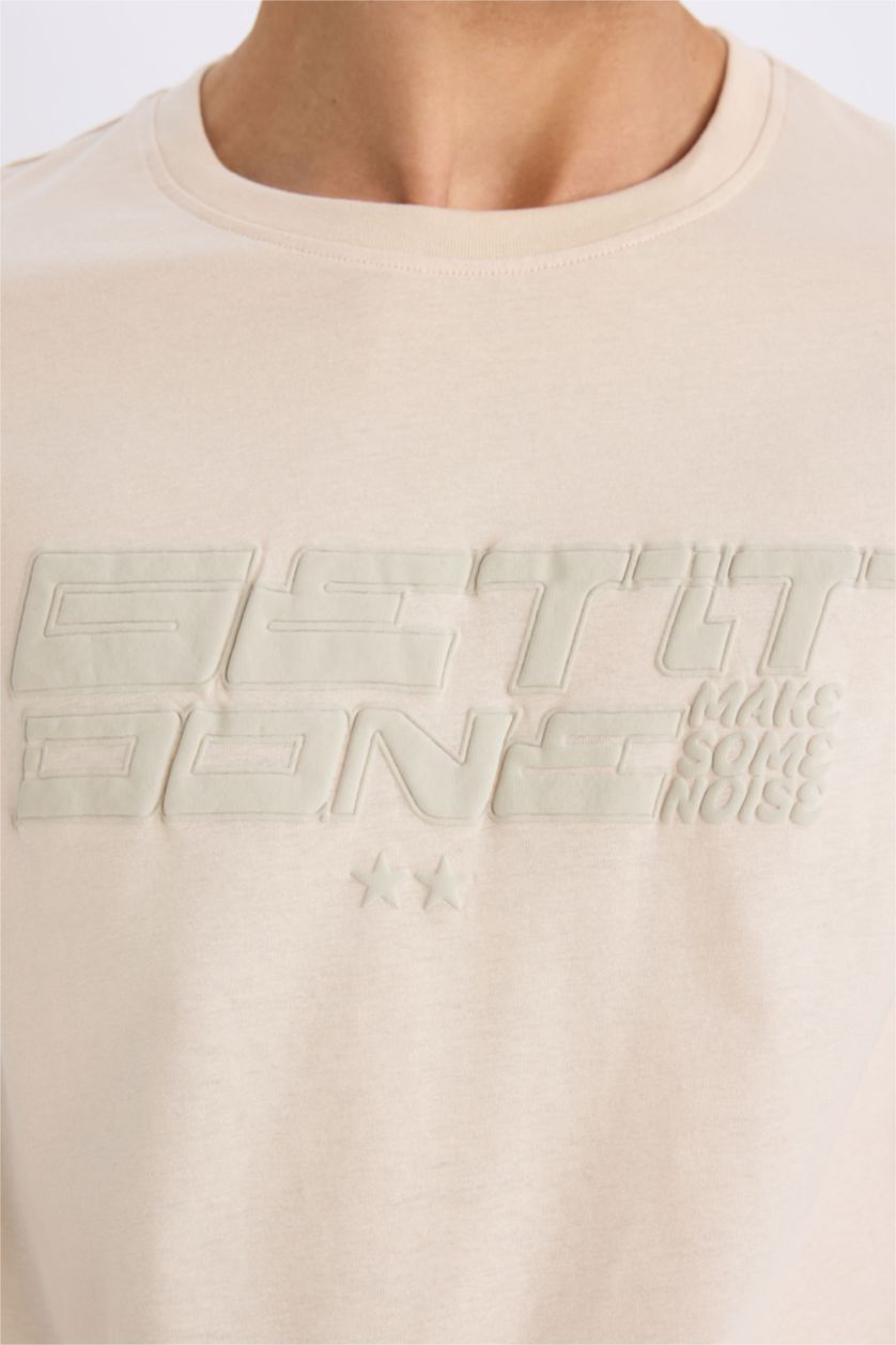 رجالي بيج تيشيرت قطن سليم فيت نص كم مطبوع برقبة مستديرة