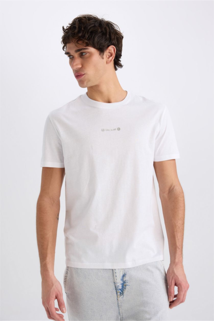 HOMME Blanc T-shirt en coton imprimé à col rond et manches courtes Coupe régulière