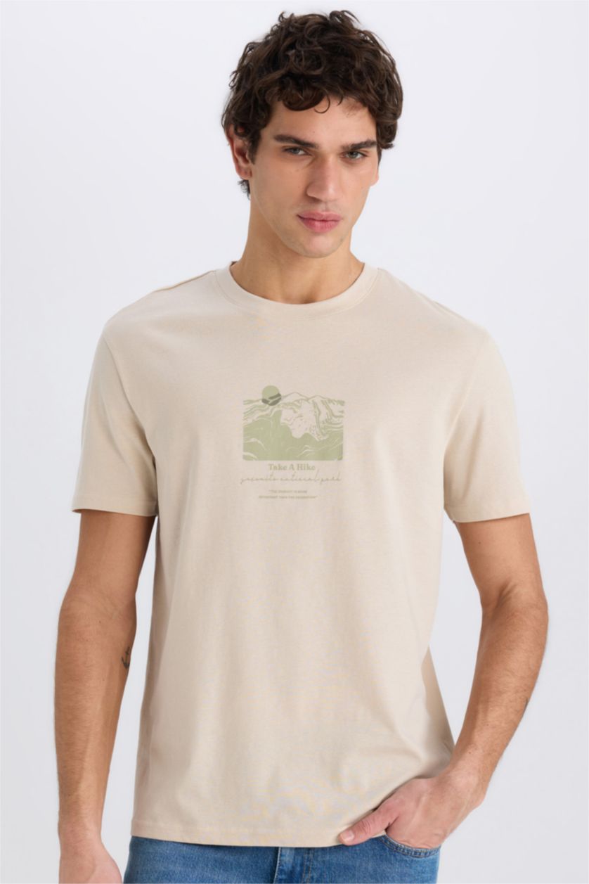 رجال بيج تيشيرت نص ردن مطبوع بياخة مستديرة وقصة عادية