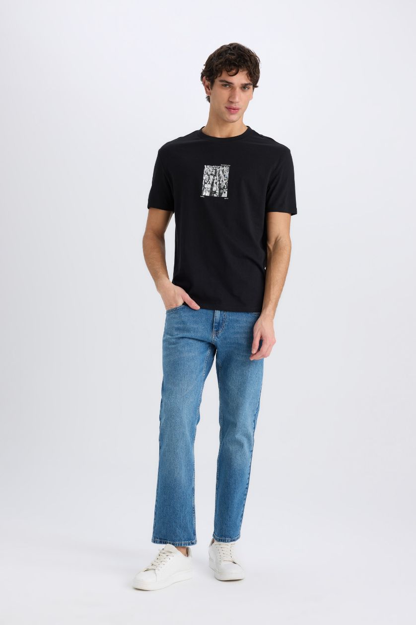 Erkek Siyah %100 Pamuk Regular Fit Bisiklet Yaka Baskılı Kısa Kollu Tişört
