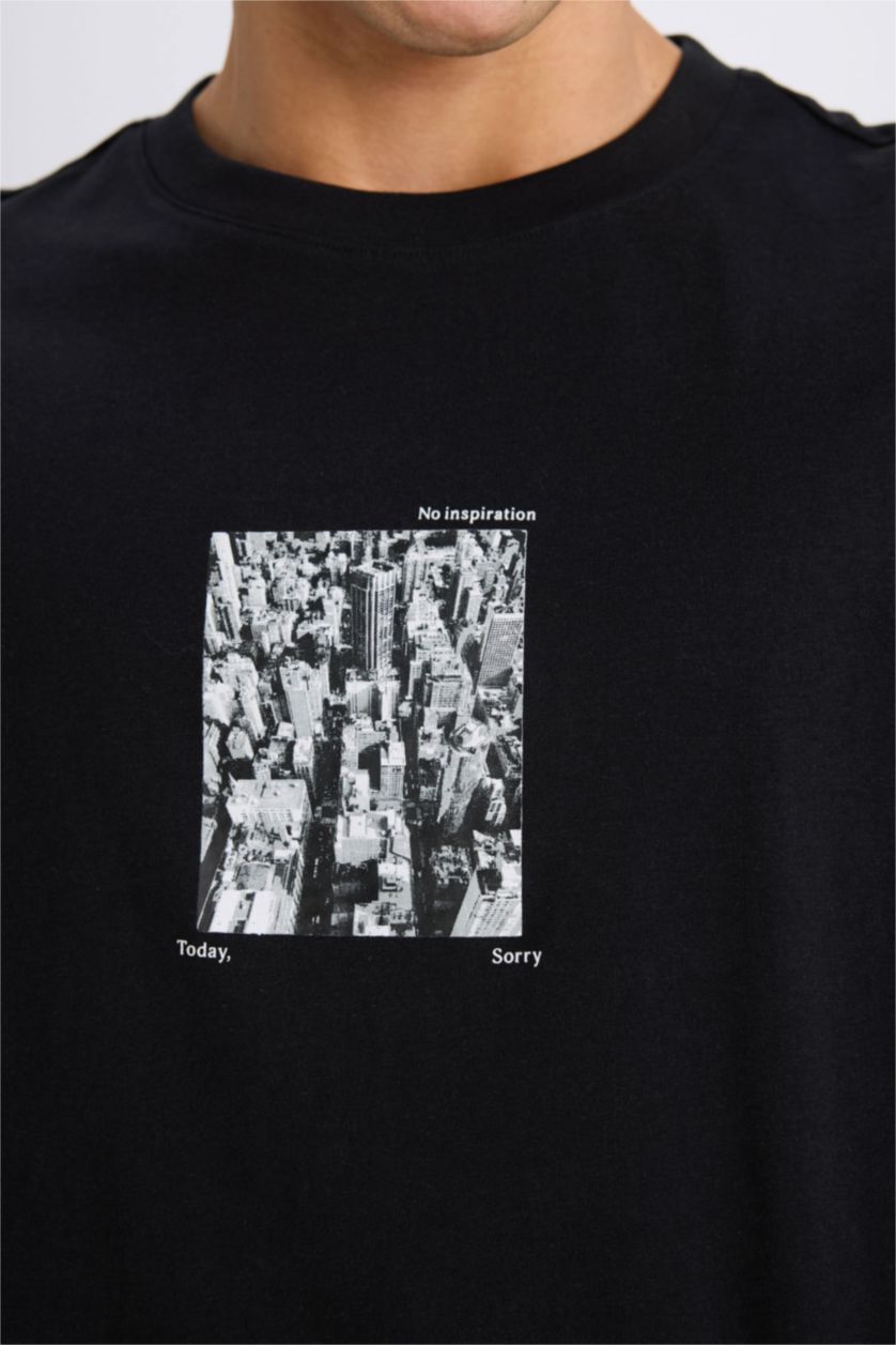 Erkek Siyah %100 Pamuk Regular Fit Bisiklet Yaka Baskılı Kısa Kollu Tişört