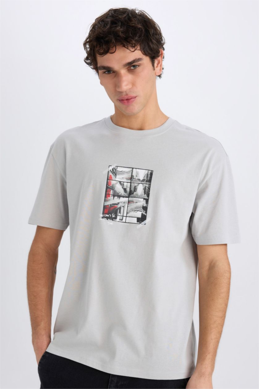 MAN Light Grey Boxy Fit Crew Neck Printed Short Sleeve T-Shirt