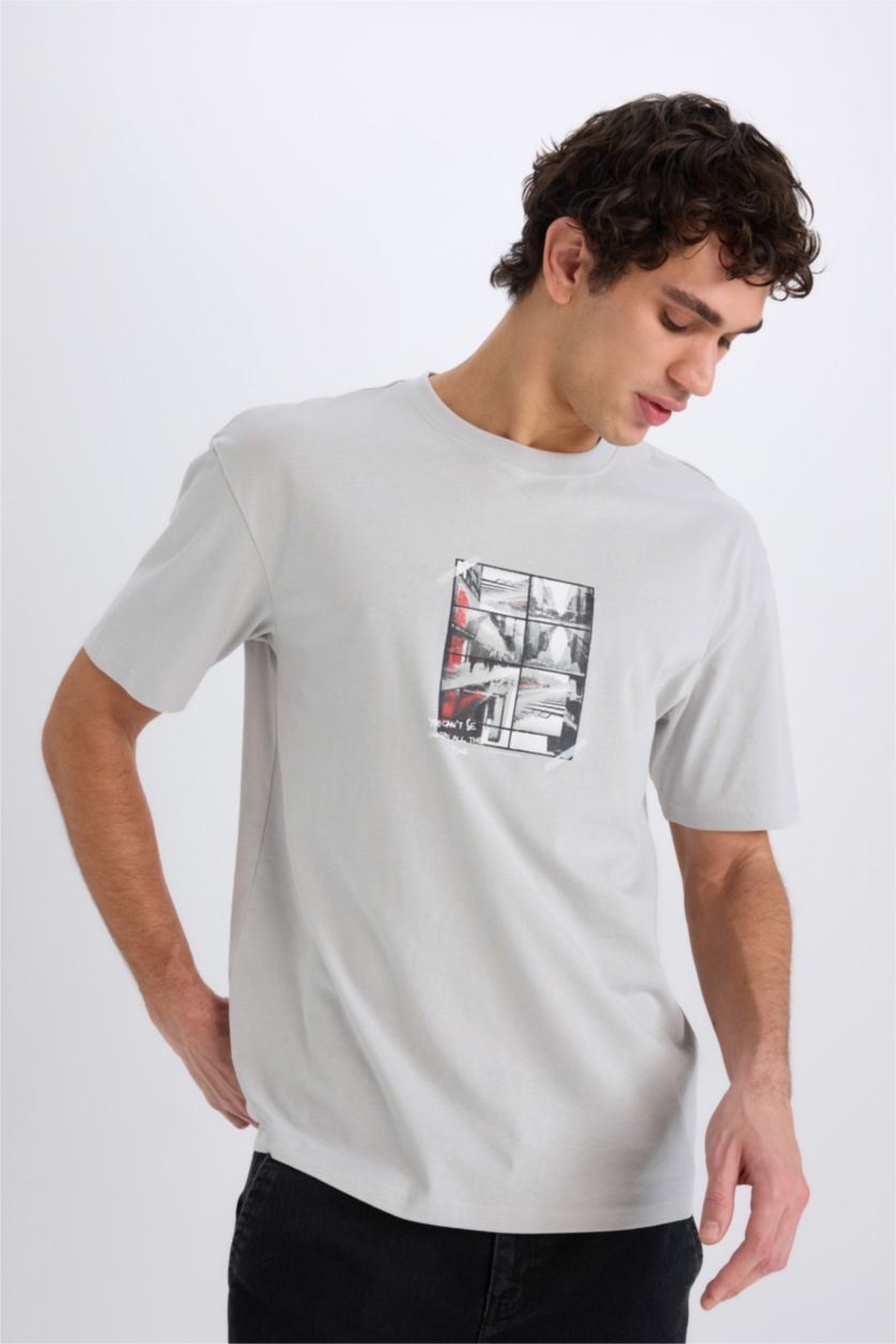 MAN Light Grey Boxy Fit Crew Neck Printed Short Sleeve T-Shirt
