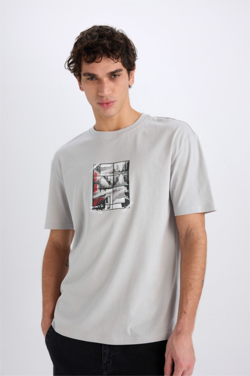 MAN Light Grey Boxy Fit Crew Neck Printed Short Sleeve T-Shirt