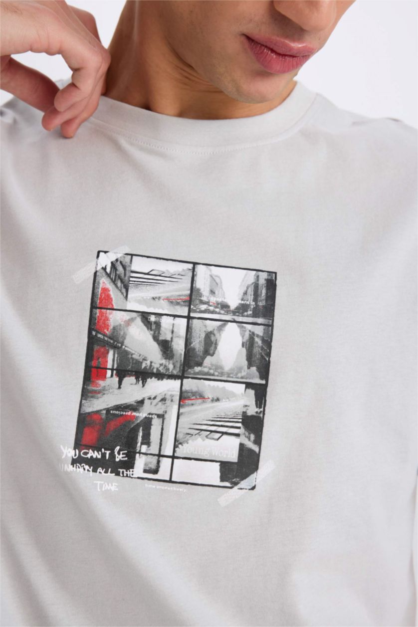 MAN Light Grey Boxy Fit Crew Neck Printed Short Sleeve T-Shirt