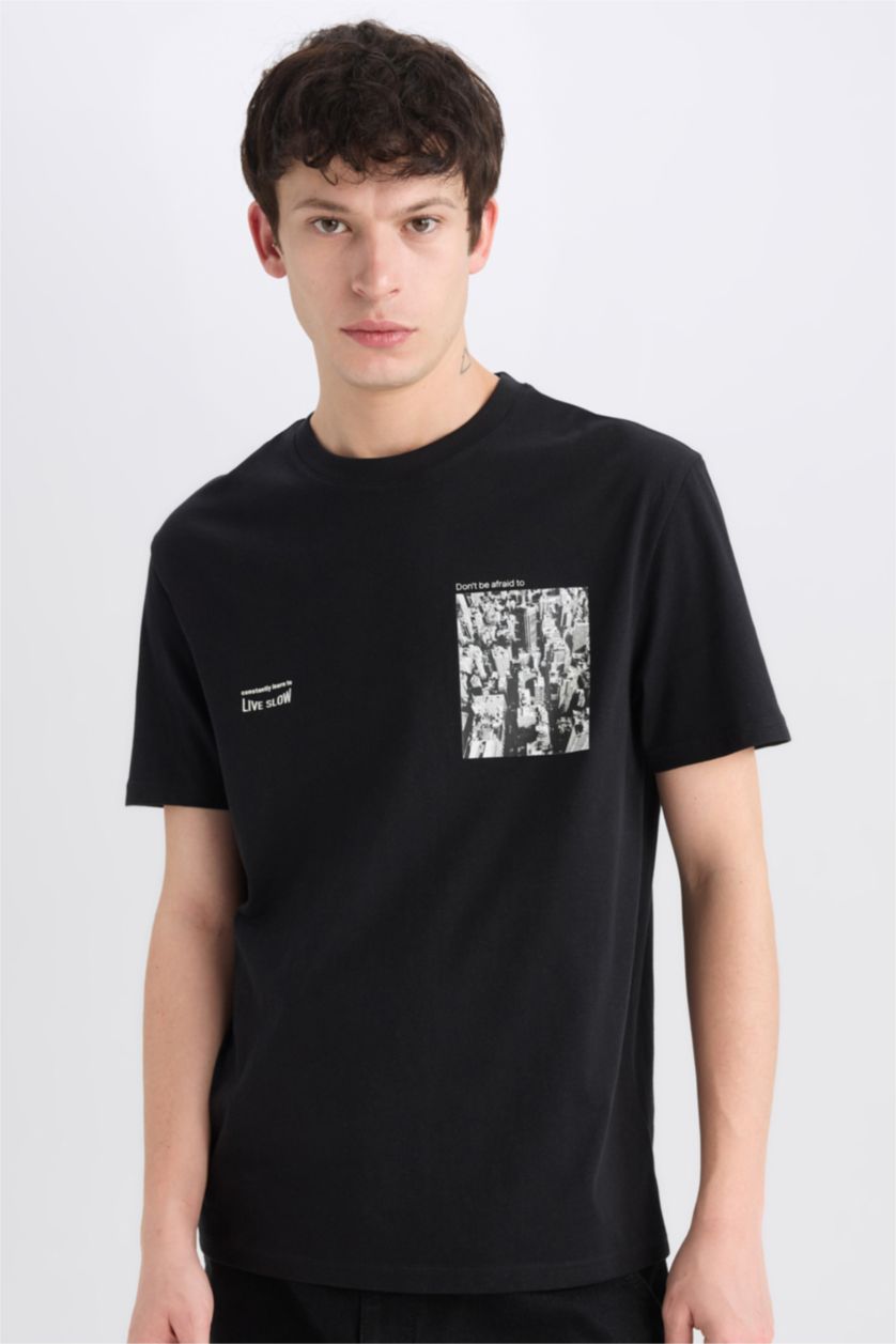 رجالي أسود تيشيرت مطبوع قصة عادية برقبة مستديرة