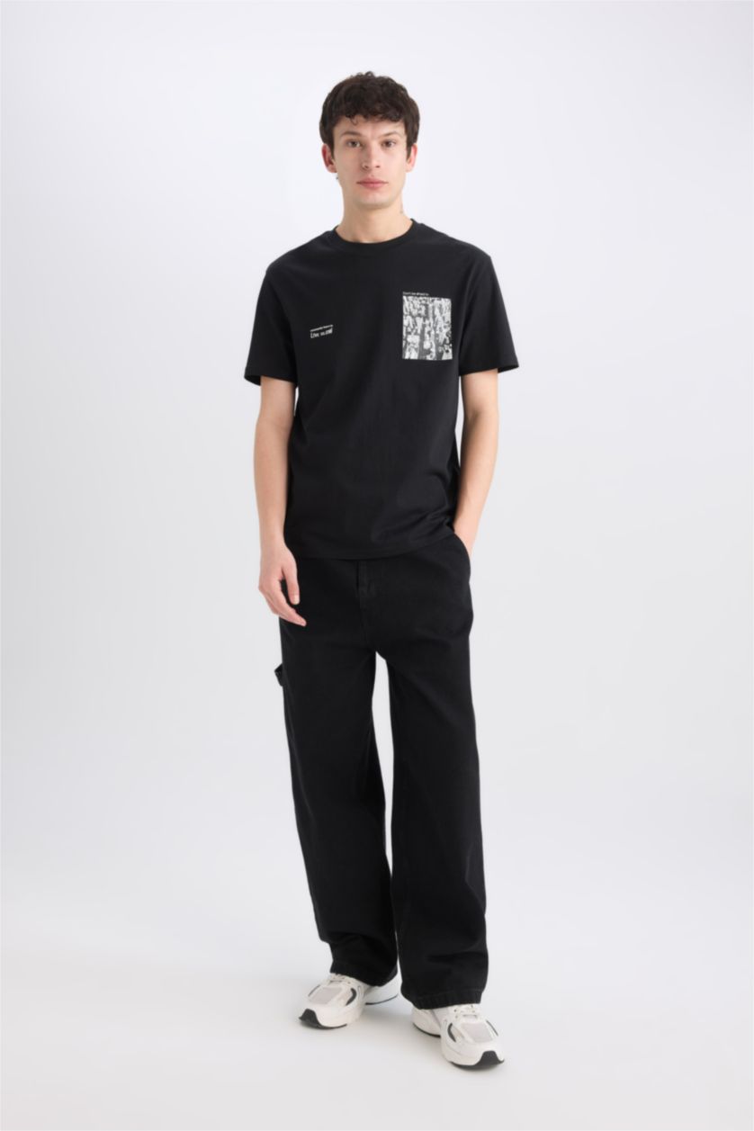 رجالي أسود تيشيرت مطبوع قصة عادية برقبة مستديرة