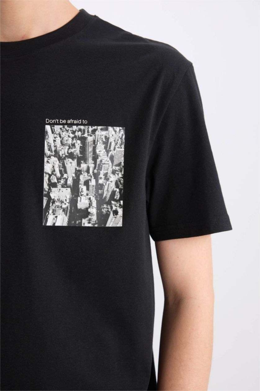 رجالي أسود تيشيرت مطبوع قصة عادية برقبة مستديرة