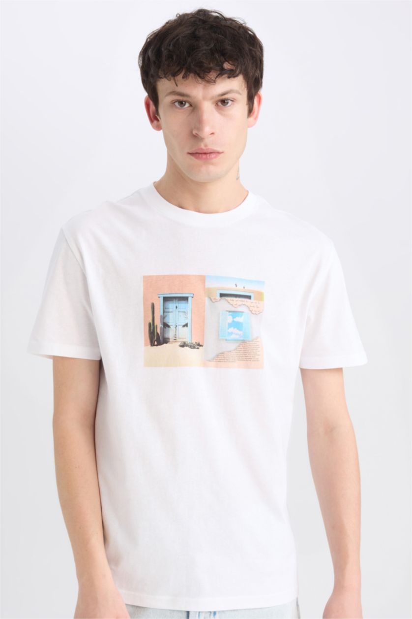 Erkek Beyaz %100 Pamuk Regular Fit Bisiklet Yaka Baskılı Kısa Kollu Tişört