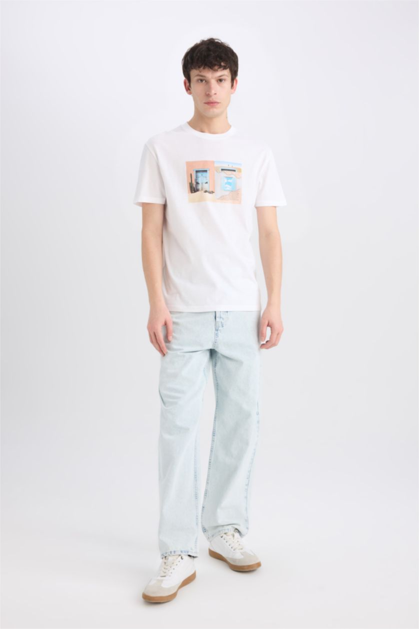 Erkek Beyaz %100 Pamuk Regular Fit Bisiklet Yaka Baskılı Kısa Kollu Tişört