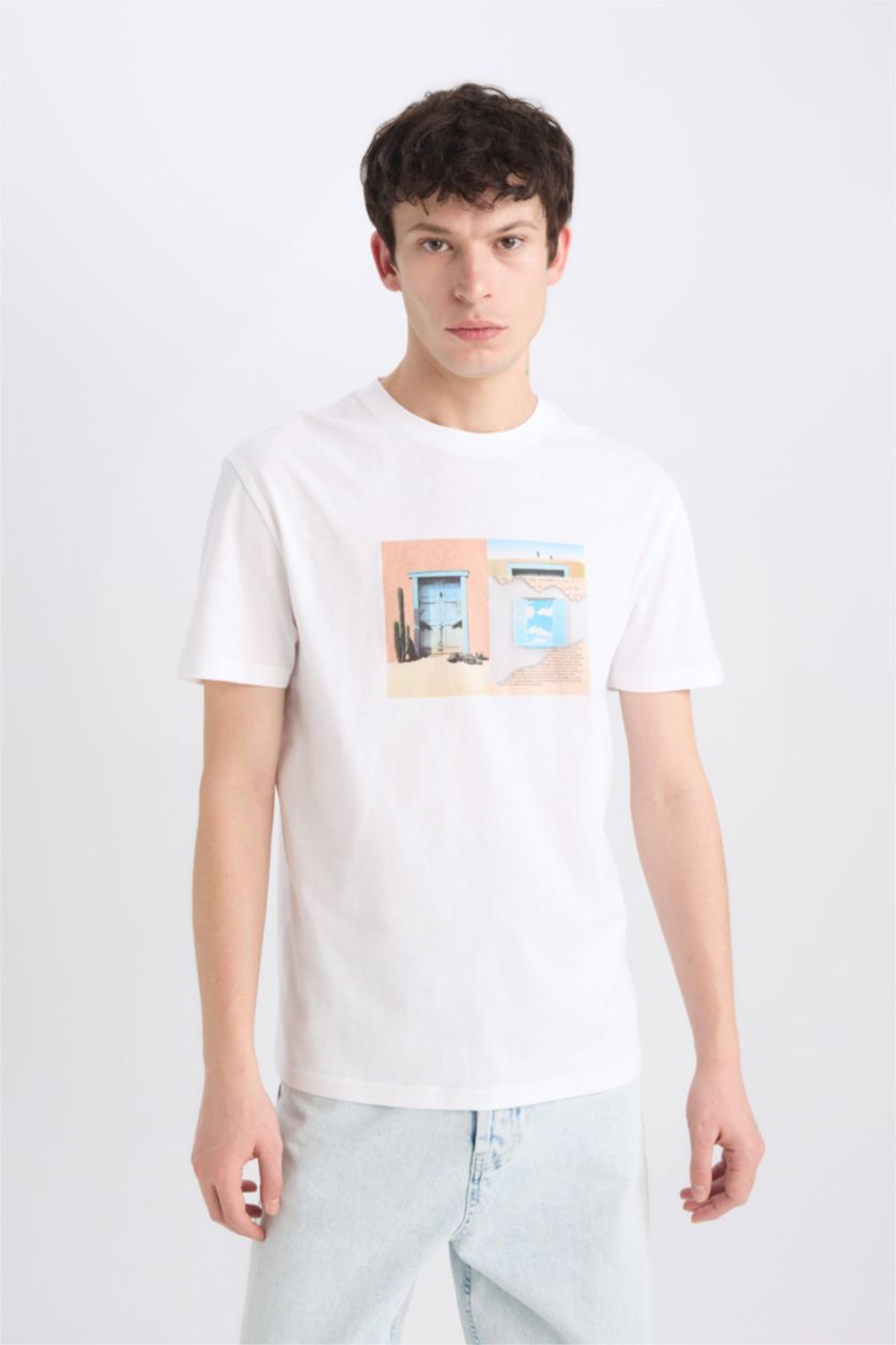 Erkek Beyaz %100 Pamuk Regular Fit Bisiklet Yaka Baskılı Kısa Kollu Tişört