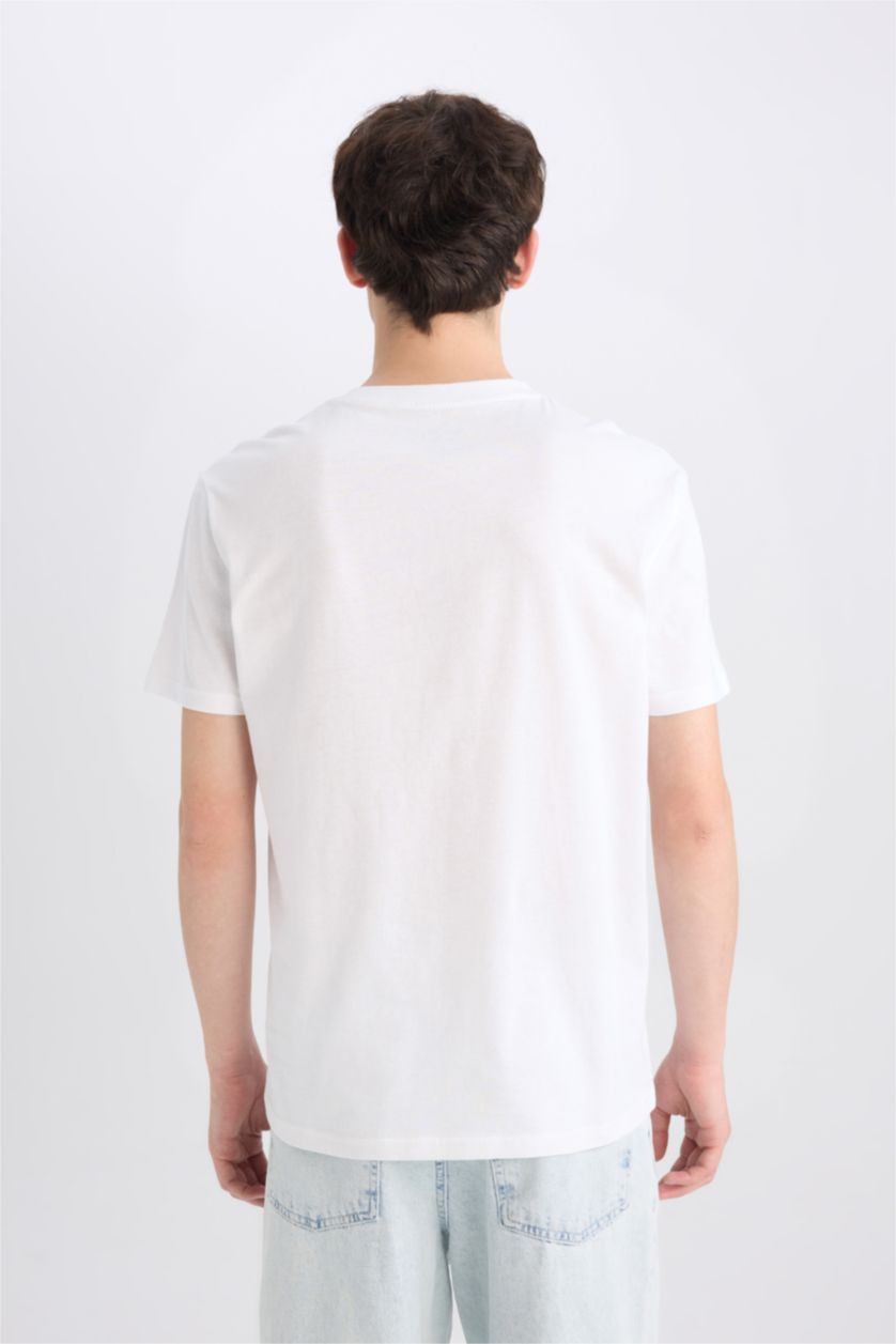 Erkek Beyaz %100 Pamuk Regular Fit Bisiklet Yaka Baskılı Kısa Kollu Tişört