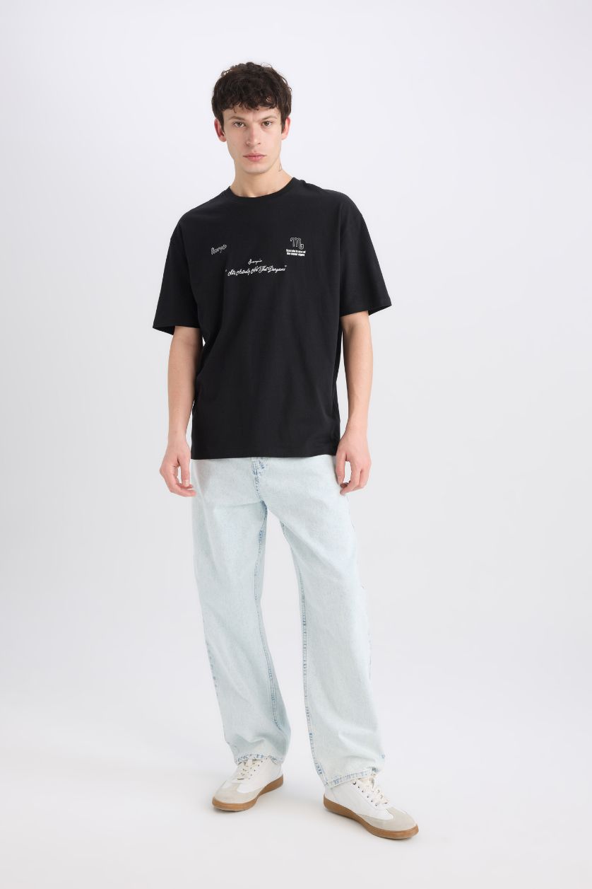 MAN Black Oversize Crew Neck Printed Short Sleeve T-Shirt