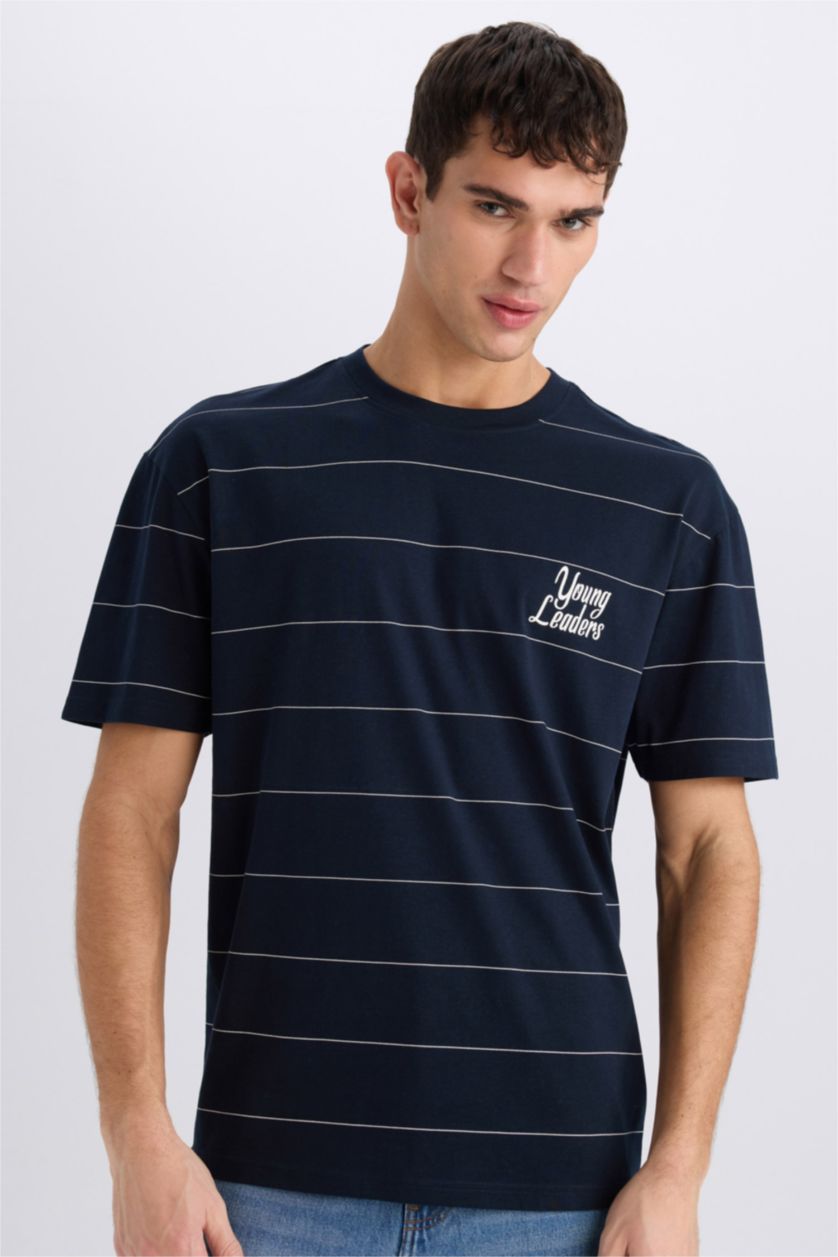 Erkek Lacivert %100 Pamuk Boxy Fit Bisiklet Yaka Baskılı Kısa Kollu Tişört