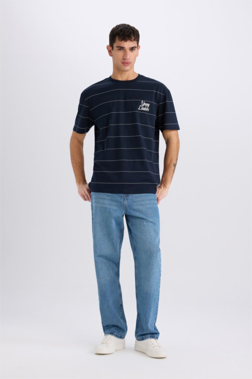 Erkek Lacivert %100 Pamuk Boxy Fit Bisiklet Yaka Baskılı Kısa Kollu Tişört