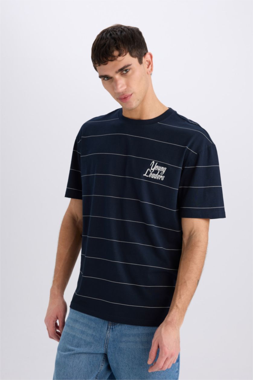 Erkek Lacivert %100 Pamuk Boxy Fit Bisiklet Yaka Baskılı Kısa Kollu Tişört