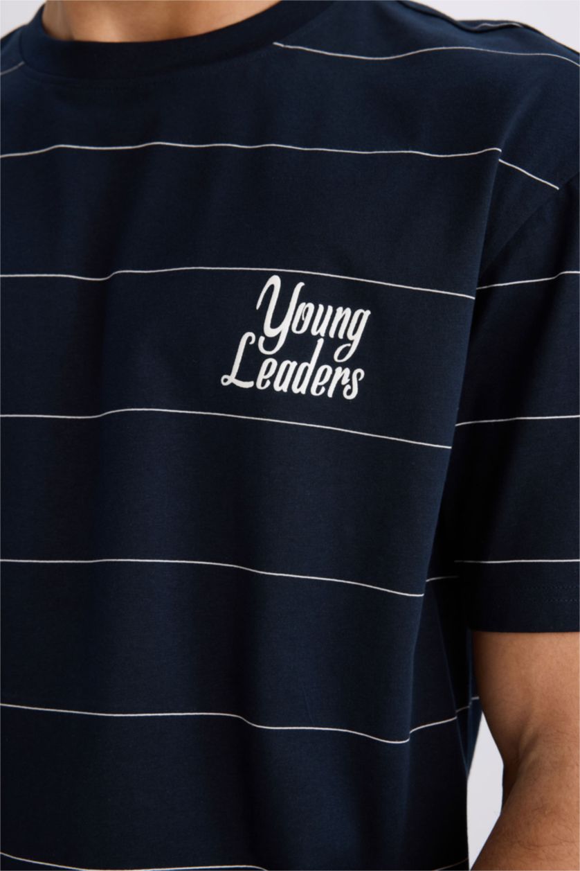 Erkek Lacivert %100 Pamuk Boxy Fit Bisiklet Yaka Baskılı Kısa Kollu Tişört