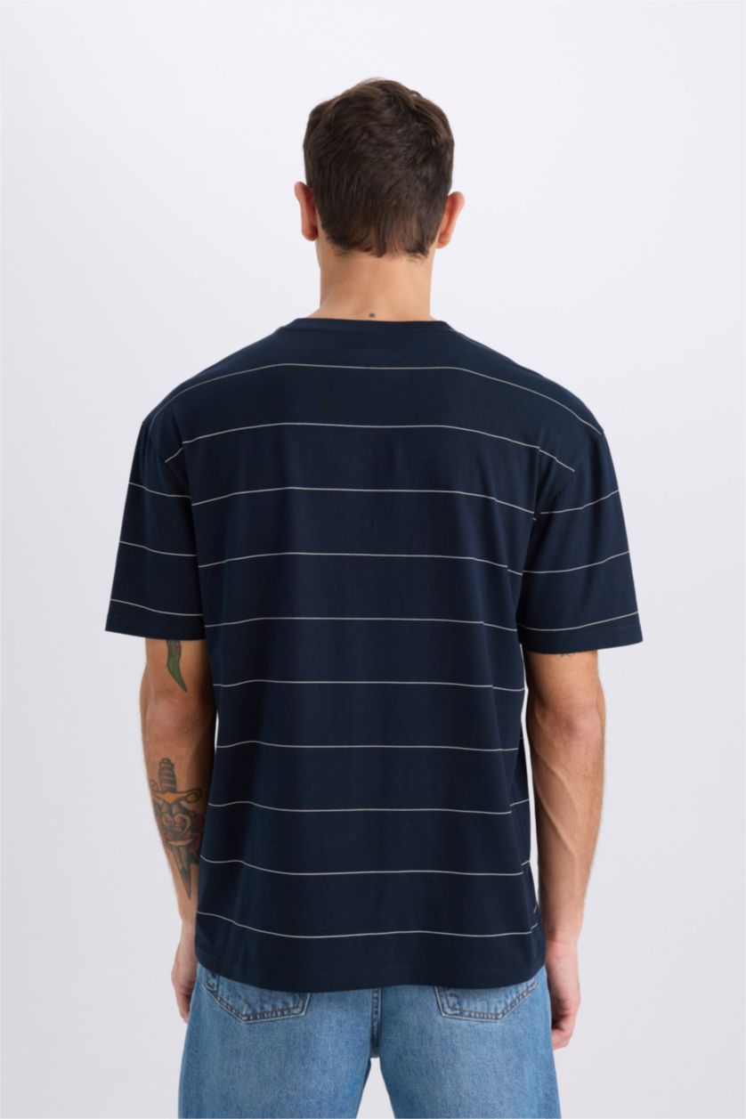 Erkek Lacivert %100 Pamuk Boxy Fit Bisiklet Yaka Baskılı Kısa Kollu Tişört