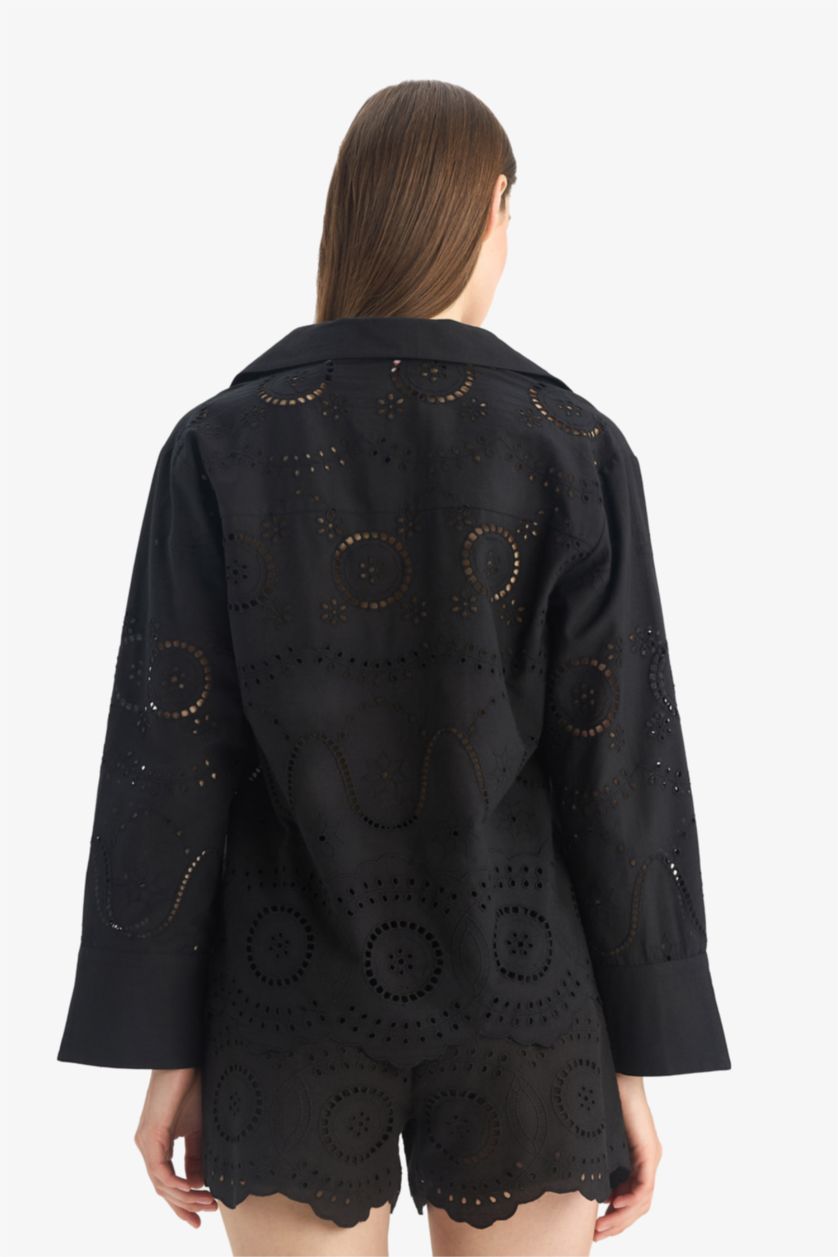 Kadın Siyah Regular Fit Brode Plaj Gömleği